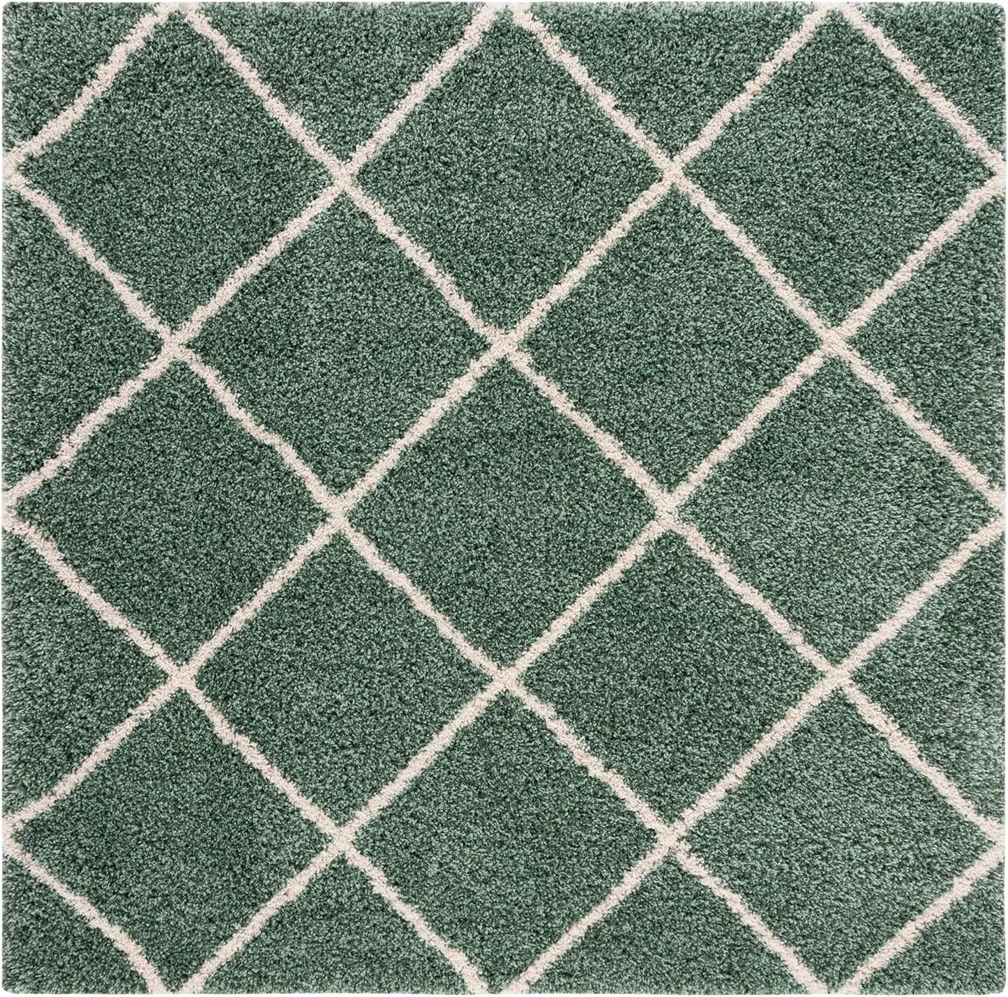 Hudson Shag Collection SGH281Y Modern Diamond Trellis Non-Shedding Living Room Bedroom Dining Room Entryway Plush 2-Inch Thick Area Rug, 7' X 7' Square, Green / Ivory