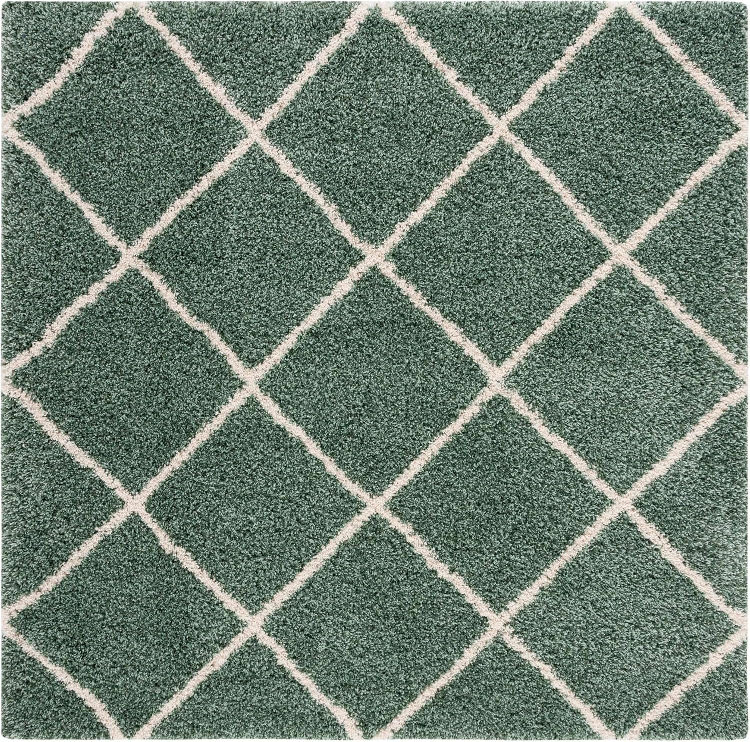 Hudson Shag Collection SGH281Y Modern Diamond Trellis Non-Shedding Living Room Bedroom Dining Room Entryway Plush 2-Inch Thick Area Rug, 7' X 7' Square, Green / Ivory