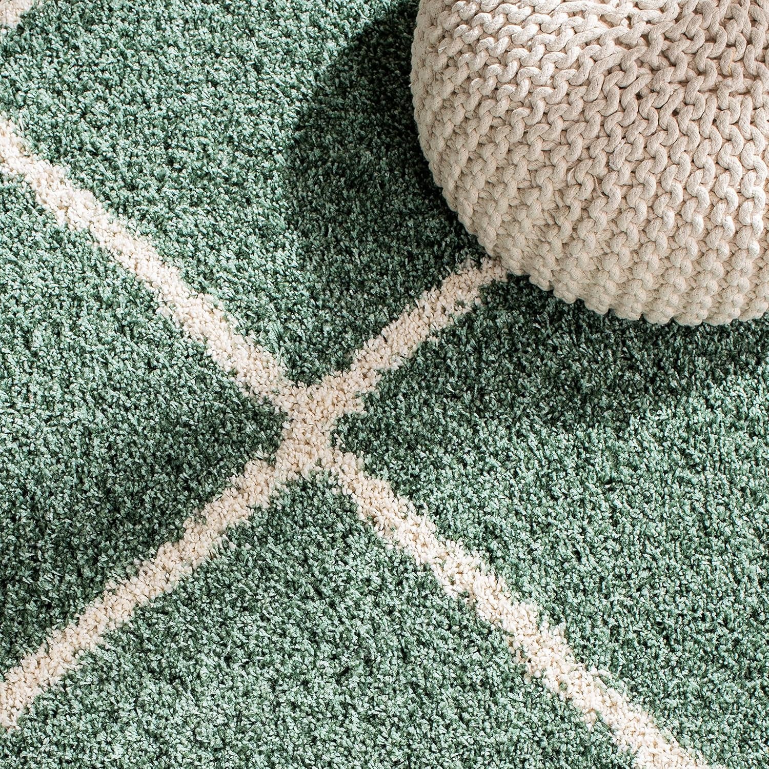 Hudson Shag Collection SGH281Y Modern Diamond Trellis Non-Shedding Living Room Bedroom Dining Room Entryway Plush 2-Inch Thick Area Rug, 7' X 7' Square, Green / Ivory