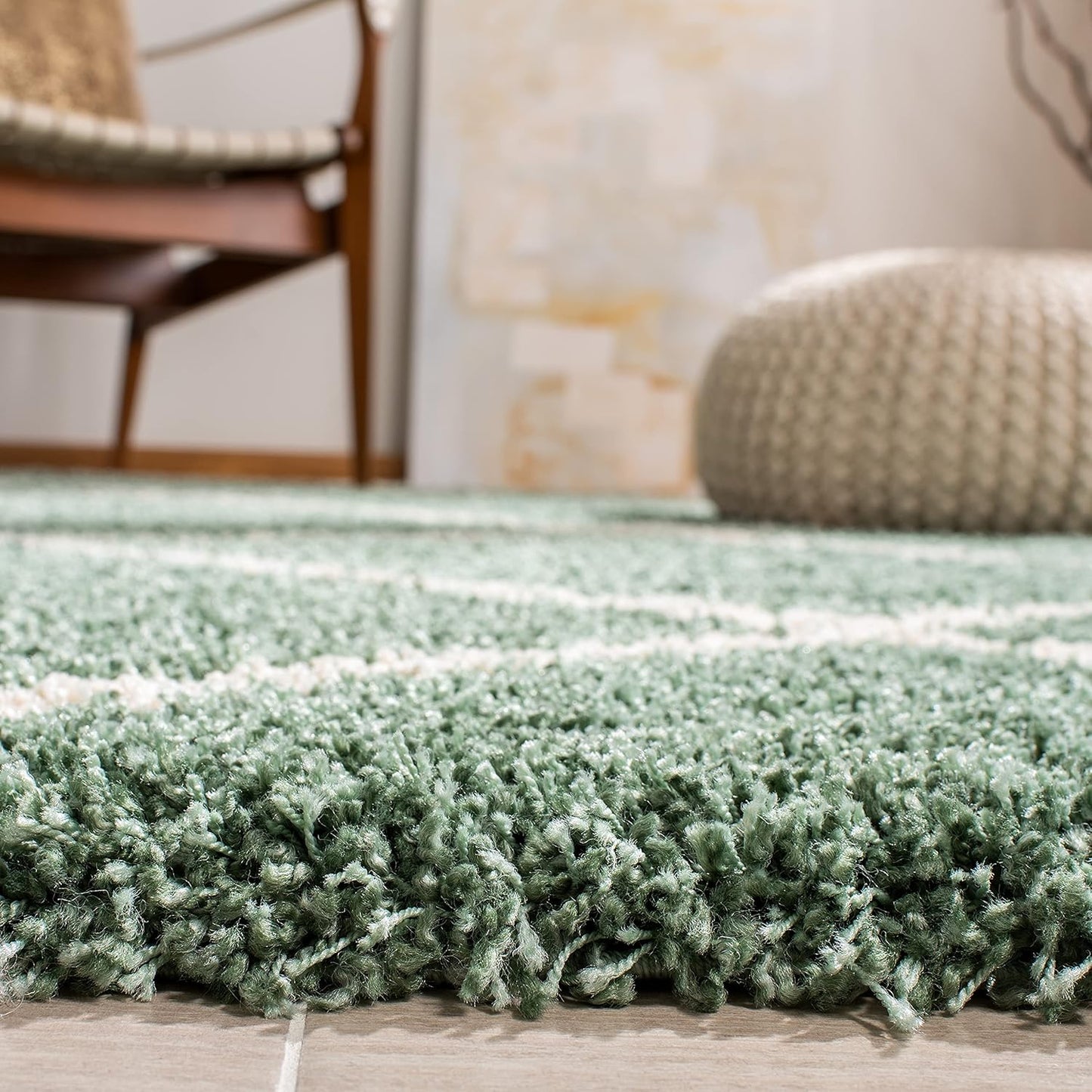 Hudson Shag Collection SGH281Y Modern Diamond Trellis Non-Shedding Living Room Bedroom Dining Room Entryway Plush 2-Inch Thick Area Rug, 7' X 7' Square, Green / Ivory