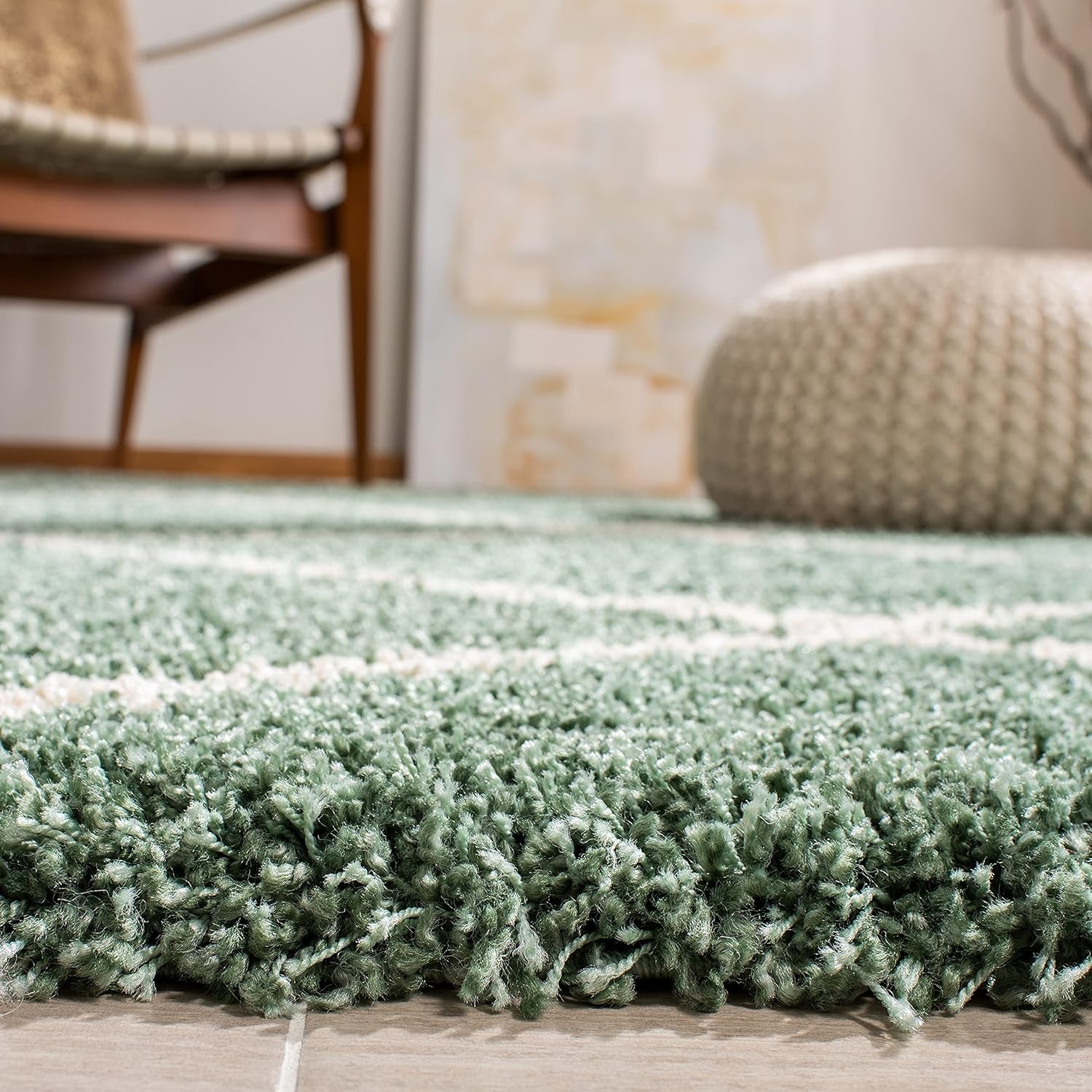 Hudson Shag Collection SGH281Y Modern Diamond Trellis Non-Shedding Living Room Bedroom Dining Room Entryway Plush 2-Inch Thick Area Rug, 7' X 7' Square, Green / Ivory